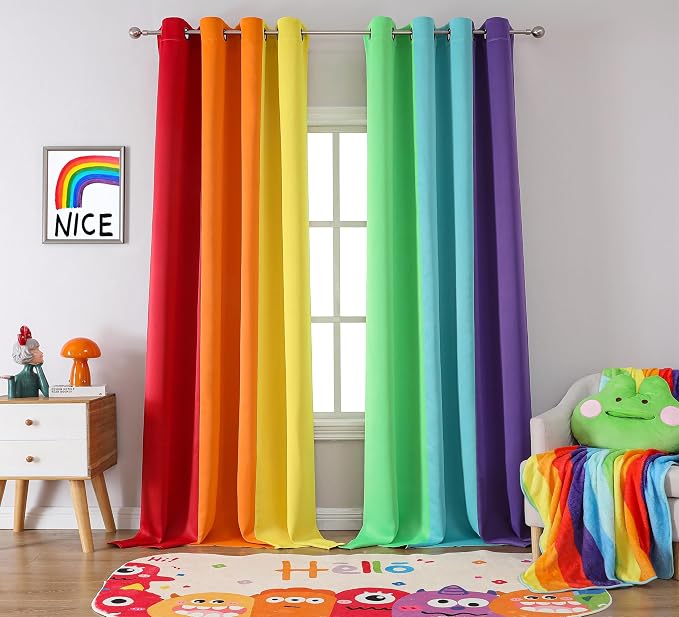 THOOO 2 Panels Rainbow Curtains Blackout Curtains 84 Inches Long for Bedroom Living Room Classroom Nursery Colorful Room Darkening Grommet Curtains Patchwork Red, Orange, Yellow, Green, Blue, Purple