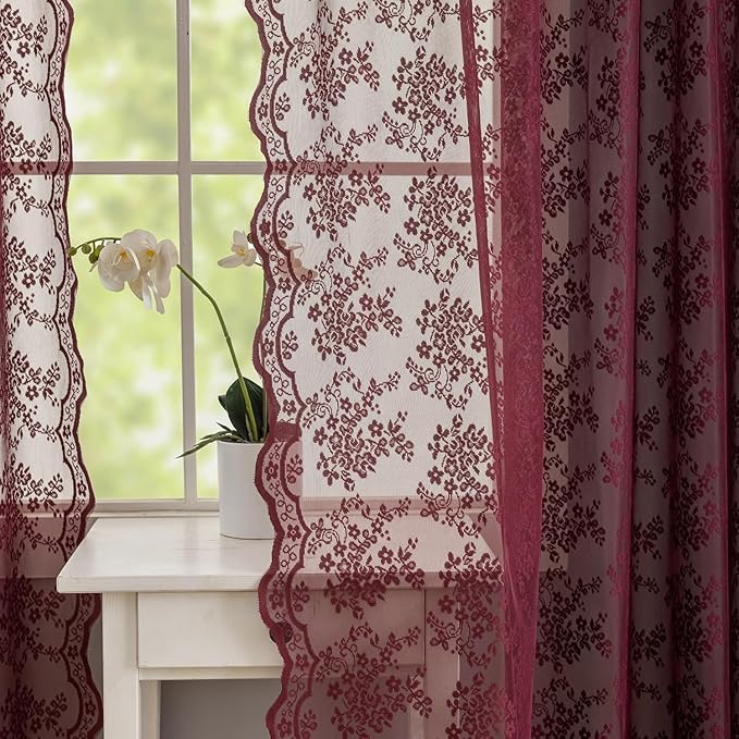 YJ YANJUN Vintage Lace Curtains 63 Inch Length 2 Panels- Burgundy Sheer Curtains for Dining Room Kitchen Bedroom Scalloped Edges Romantic Floral Window Treatment Light Filtering 52"W x 63"L Dark Wine