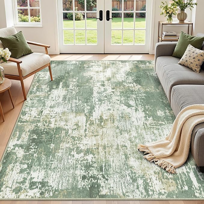 RELEANY Washable Area Rugs 4'x6' Non-Slip Modern Abstract Soft for Living Room Entryway Bedroom Kitchen, Print Pattern, Light Green/Yellow
