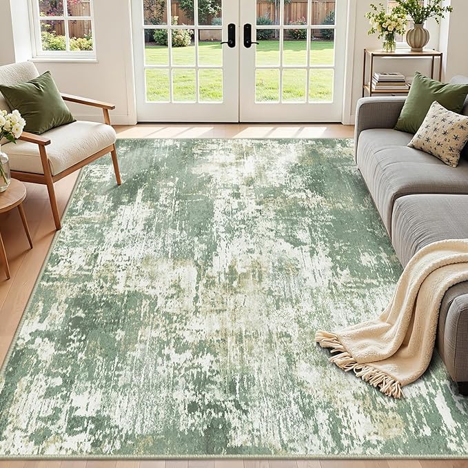 RELEANY Washable Area Rugs 6'x8' Non-Slip Modern Abstract Soft for Living Room Entryway Bedroom Kitchen, Print Pattern, Light Green/Yellow