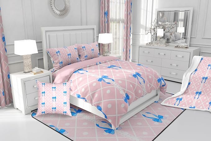 Feelyou Pink Girls Bow Curtains for Bedroom Living Room (2 Panels, 42 x 90 Inch) Cute Bowknot Darkening Dreapes Boys Teens Decor Stripes Blackout Curtains Blue Bow Window Treatments Kawaii