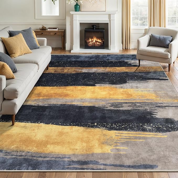 Ciicool Modern Abstract Rug for Living Room, 5'x7' Machine Washable Area Rug Non-Slip Rug, Low-Pile Contemporary Indoor Dining Floor Carpet for Bedroom Office Under Table Home Decor Black Gold