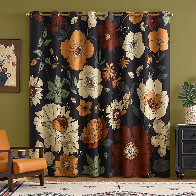 Lazzzy Floral Curtains for Bedroom Living Room Vintage Blackout Curtains 96 Inches Long Room Darkening Drapes Grommet Flower Patterned Window Treatments Set of 2 Panels, 52" x 96"
