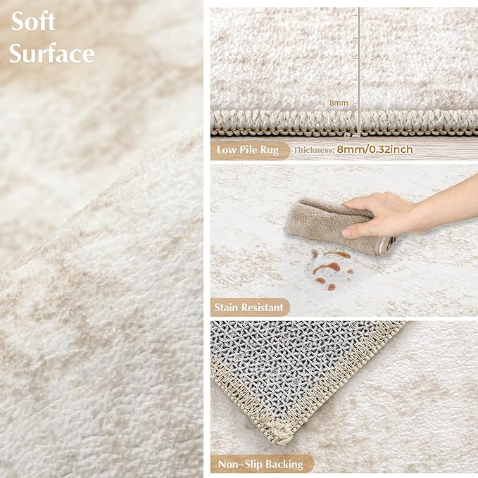 Vintage Living Room Area Rug - 6x9 Large Machine Washable Boho Moroccan Rug Distressed Farmhouse Rugs for Bedroom - Soft Non-Slip Indoor Carpet for Dining Room Office Nursery(Ivory, 6'x9')