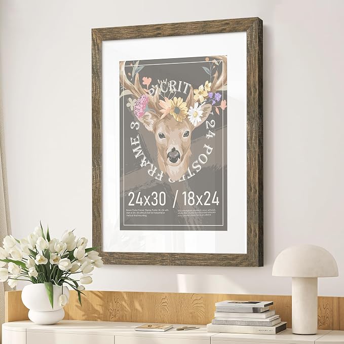 Picrit 24x30 Picture Frame 3 Pack, Wooden Brown Rustic Poster Frame, Display Poster 18 x 24 with Mat or 24x30 without Mat for Horizontal or Vertical Wall Mounting