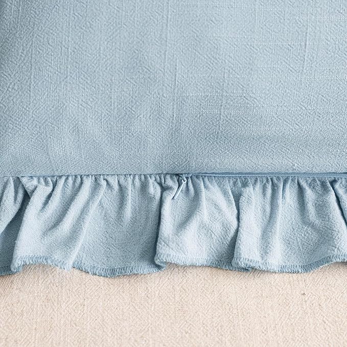 Foindtower Set of 2 Decorative Linen Fringe Ruffle Throw Pillow Covers Soft Boho Farmhouse Cushion Cover Cozy Accent Retro Pillowcase for Couch Sofa Bed Living Room Home Decor,18×18 Inch,Sky Blue
