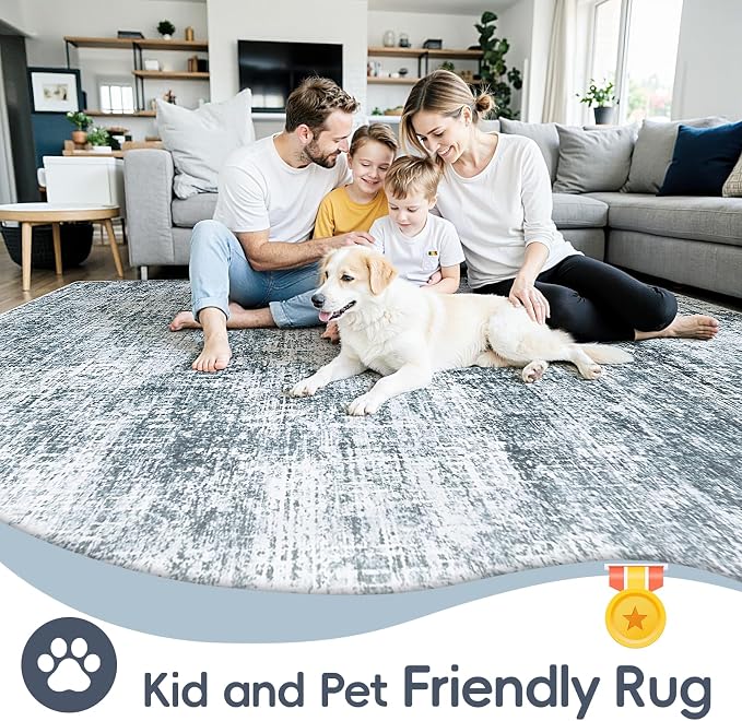 10x14 Area Rugs Washable Rug: Anti-Skid Abstract Modern Living Room Rug Soft Thin Carpets Indoor Floor Non-Shedding Carpet for Bedroom Dining Nursery Home Office (Light Slate Blue/White,10'x14')