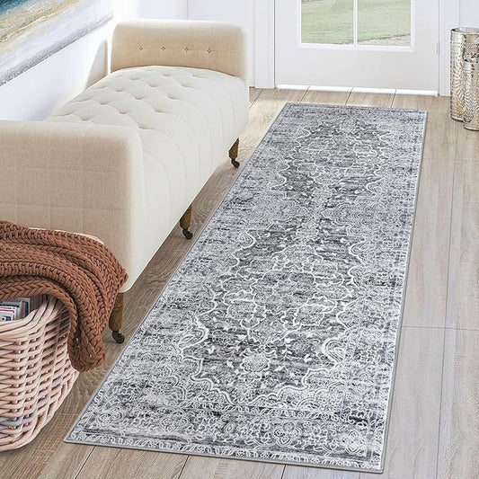 KUTA Hallways Runner Rug 2x6 Grey Blue White, Vintage Floral Rugs Non-Slip Washable Kitchen Runners Soft Printed Retro Flower Entryway Carpet for Bedroom Laundry Entryway Hallway