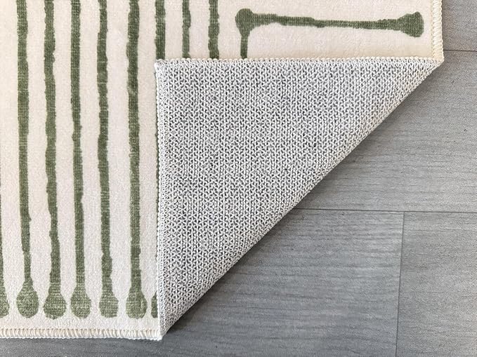 GLN Rugs Contemporary Collection - Machine Washable Area Rug, Contemporary Washable, Non Slip, Low Pile Chenille Rug, Living Room, Bedroom, Kitchen Rug (5'3" Round Green Beige)