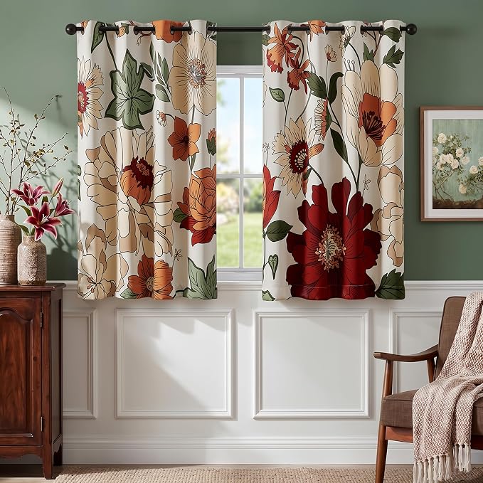 Lazzzy Floral Curtains for Bedroom Living Room Vintage Blackout Curtains 63 Inches Long Room Darkening Drapes Grommet Flower Patterned Window Treatments Set of 2 Panels, 50" x 63"