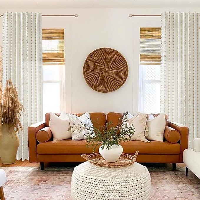 Dark Brown and Cream Beige Sheer Linen Curtains 96 Inches Long,Boho Floral Earthy Room Decor for Living Room 2 Panel Set