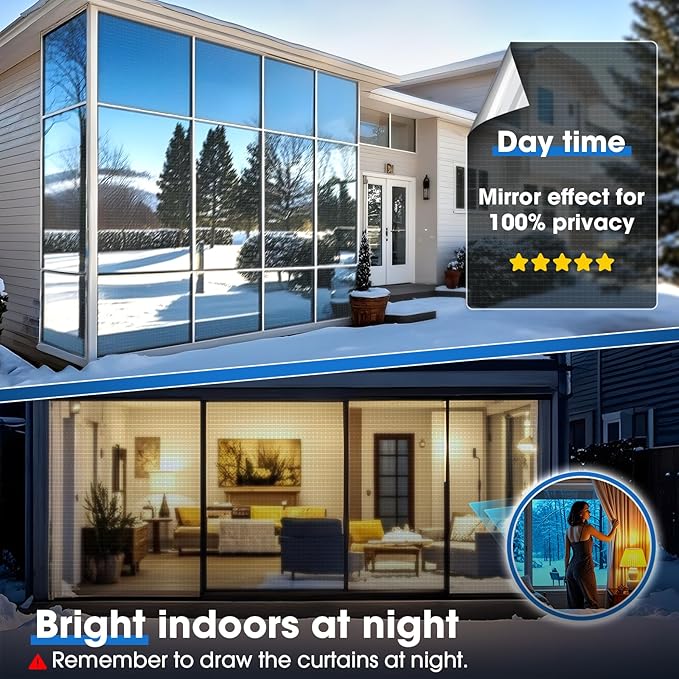 Coavas One Way Privacy Window Film Reflective Window Tint for Home,Static Cling Mirror Heat Blocking Covering See Out Not in,Anti-Uv House Daytime Privacy, Blue-Silver,35.4x118.1 in