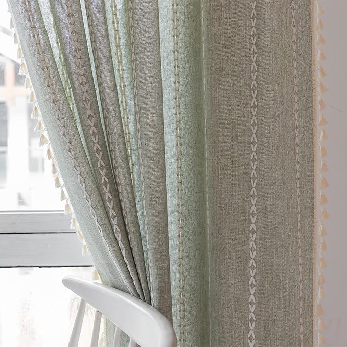 RoomTalks Sage Green Modern Farmhouse Textured Curtains for Bedroom Living Room 63 Inch Length Light Filtering French Country Boho Chic Tassel Window Curtain Panels Bohemian Draperies, 63’’L x 52’’W