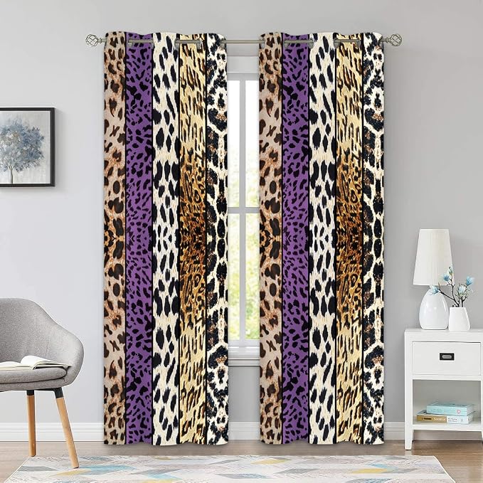 Wild Animal Print Curtain, Room Darkening Thermal Insulated Blackout Leopard Boa Window Drapes with Grommets for Living, Dining, Bedroom, Purple Leopard Print, 42"x 84", 2 Panels