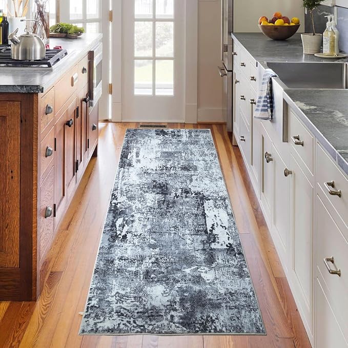 Rugcomf Runner Rug 2x6 Hallway Rugs Washable Boho Soft Area Rug Abstract Pattern Non-Slip Faux Wool Vintage Rug for Kitchen, Entryway, Laundry, Bedroom, Grey and Black