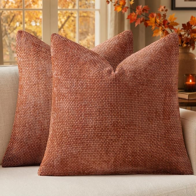 MIULEE Pack of 2 Fall Rust Decorative Pillow Covers 18x18 Inch Soft Chenille Couch Throw Pillows Farmhouse Cushion Covers for Home Decor Sofa Bedroom Living Room
