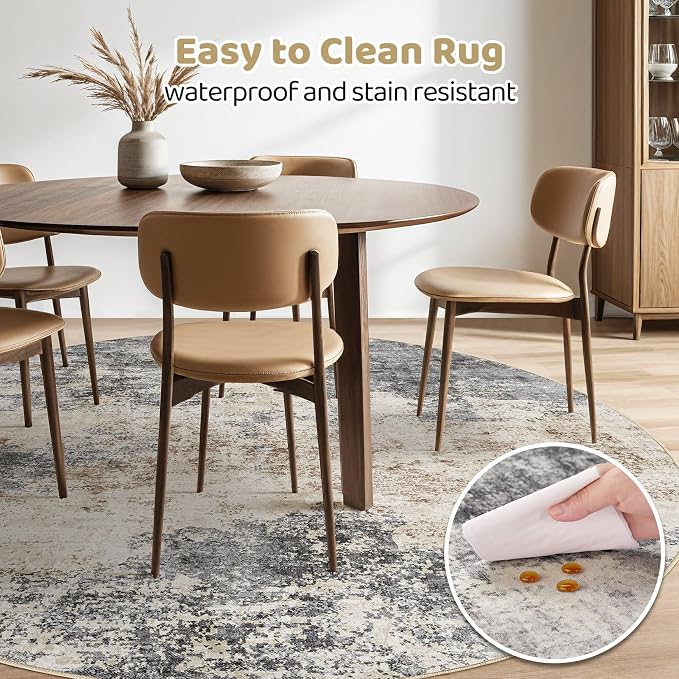 Round Rug Living Room Rugs: 7x7 Washable Circle Large Abstract Modern Soft Stain Resistant Non-Slip Indoor Floor Carpet for Bedroom Nursery Office Dining Room Dorm Home House- Grey Brown
