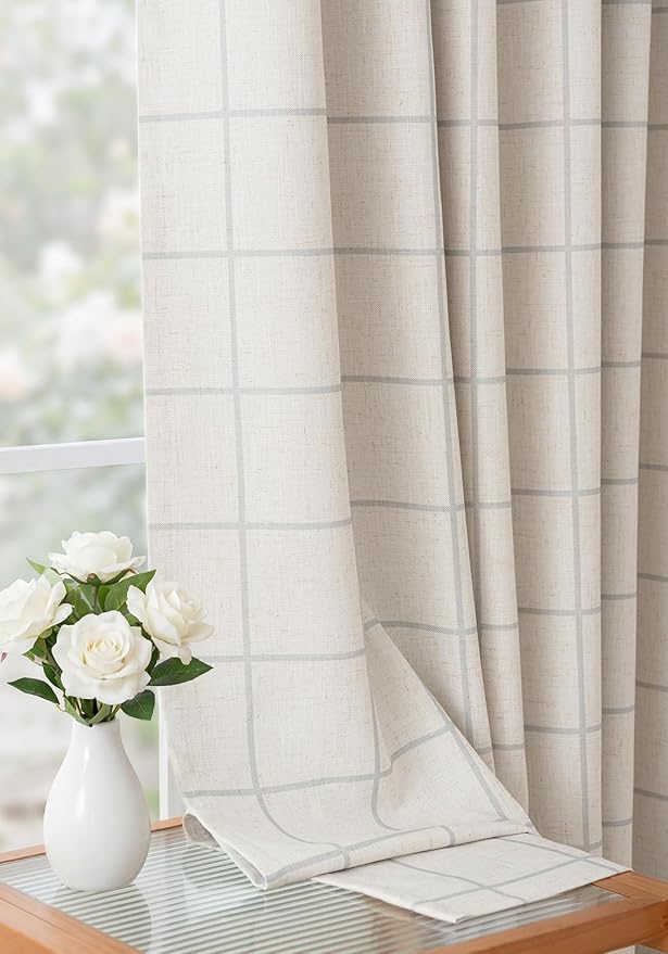 THREE GIRLS Pinch Pleated Plaid Curtains Blackout Linen Gingham Grey Curtains for Living Room,Bedroom Checkered 102 Inches Long Double Layer 2 Panels Set Luxury and Modern Printed Design Darkening