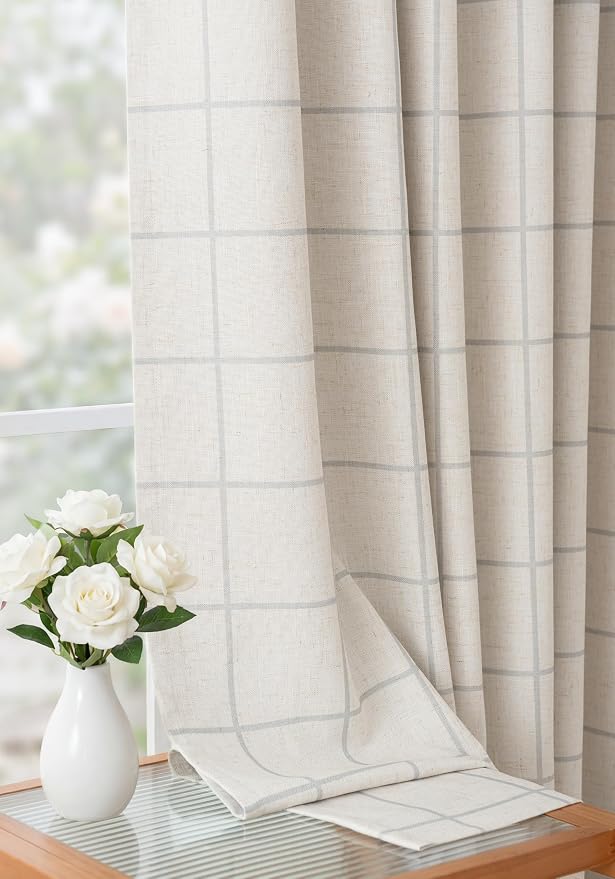 THREE GIRLS Pinch Pleated Plaid Curtains Blackout Linen Gingham Grey Curtains for Living Room,Bedroom Checkered 120 Inches Long Double Layer 2 Panels Set Luxury and Modern Printed Design Darkening