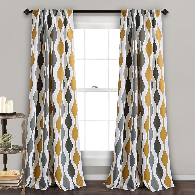 Lush Decor Mid Century Geo Light Filtering Window Curtain Panel Pair, 52" W x 84" L, Blue & Gray