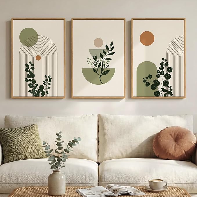 3 Piece Framed Abstract Boho Wall Art for Living Room, Large Sage Green Botanical Plant Canvas Artwork for Walls, Minimalist Geometric Prints Paintings for Bedroom Dining Room Hallway 16x24 Inch