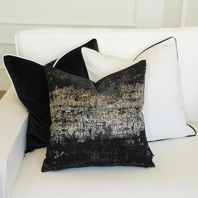 THE-TINOART Modern Black and Gold Throw Pillow Covers 22x22, Textured Jacquard Woven with Metallic Threads, Luxury Pillow Covers for Couch Sofa Bed