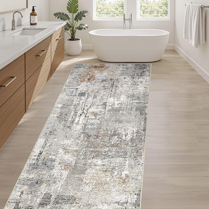 Runner Rug Kitchen Washable Rugs: 2x6 Non-Slip Abstract Soft Modern Stain Resistant Indoor Floor Neutral Accent Throw Carpet for Hallway Bathroom Laundry Room Entryway Bedroom- Gray Rust