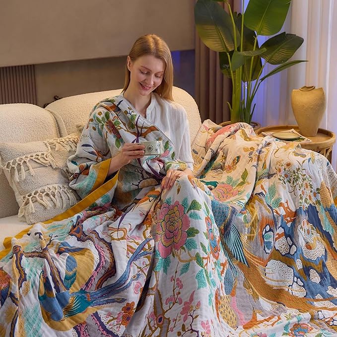 XIBLC Fall Throw Blanket for Couch, Yellow Boho Decorative Throw Blanket, 100% Cotton Muslin Breathable Woven Farmhouse Blankets Quilt, 50"x60" Reversible Lightweight Blankets Bohemian Throw Quilt