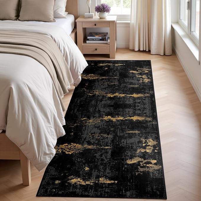 RELEANY Washable Area Rugs 2'x10' Non-Slip Modern Abstract Soft for Living Room Entryway Bedroom Kitchen, Print Pattern, Dark Black Gold