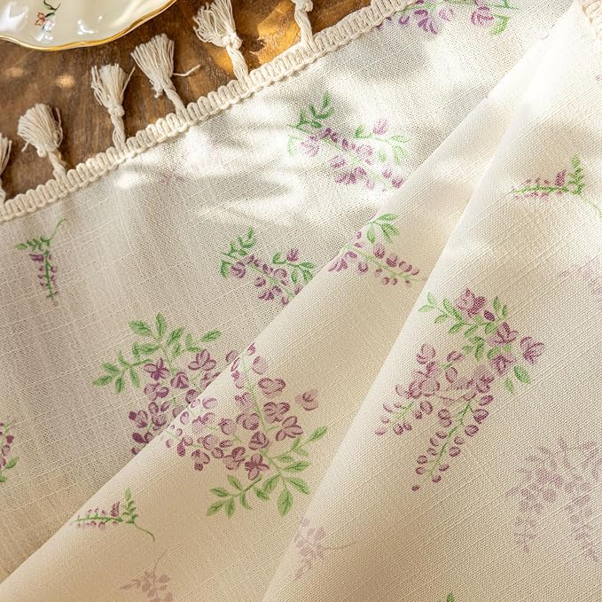 OYX Purple Floral Curtains 96 Inch Length Linen Farmhouse Curtain Rod Pocket Drapes for Living Room Bedroom Light Filtering Vintage Curtains, 2 Panels, 52Wx96L