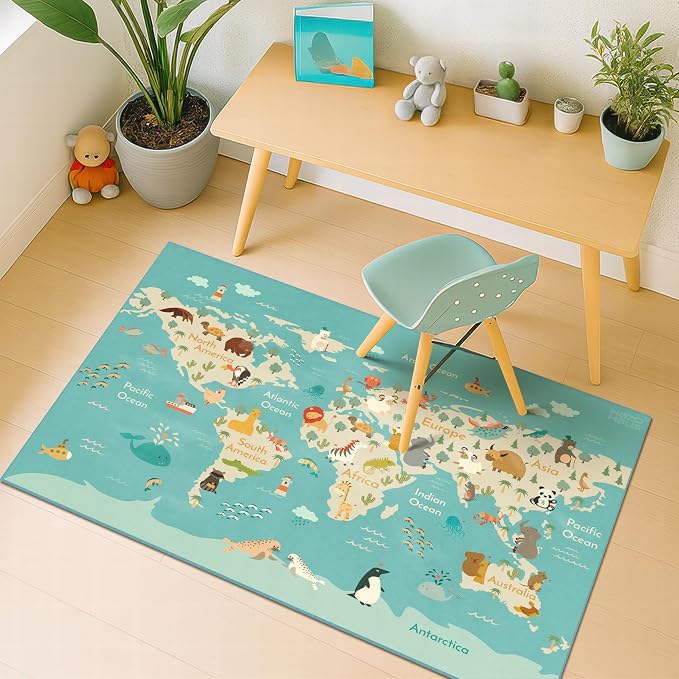 3x5 Play Mat for Kids Playroom - Colorful World Map Rug for Kids, Small Soft Educational Play Rug with Cute Animals by Continent, Washable Stain Resistant Foldable for Toddler Bedroom - Blue