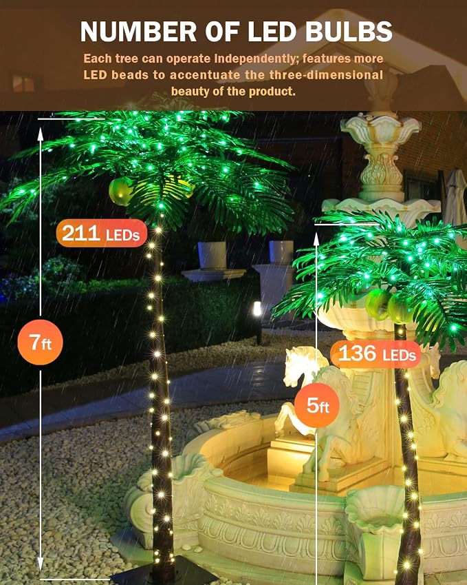 TYBEEU 5ft & 7ft Lighted Palm Tree Set with LEDs & Glowing Coconuts | 136+208 LED Lights | Dimmable | Decorative Artificial Trees | Indoor & Outdoor Use