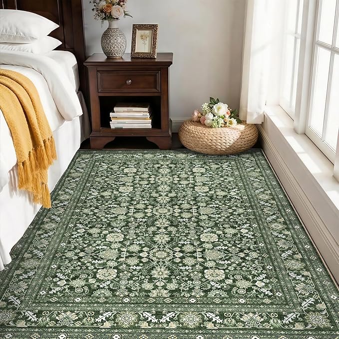OPPODREAM Low-Pile Area Rugs, Faux Wool Carpet for Living Room, Kitchen, Office, Dorm, Bedroom, Vintage Washable Rug Non Slip, Dark Green, 4'x6'