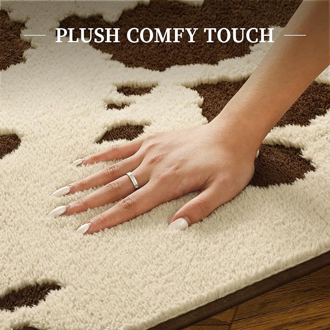 YIHOUSE Cowhide Area Rugs 6×9 Ft, Washable Plush Soft Brown and Cream Cow Rug, Non-Slip High-Low Pile Animal Carpet for Living Room, Bedroom, Dining Room, Nursery, Western Home Decor