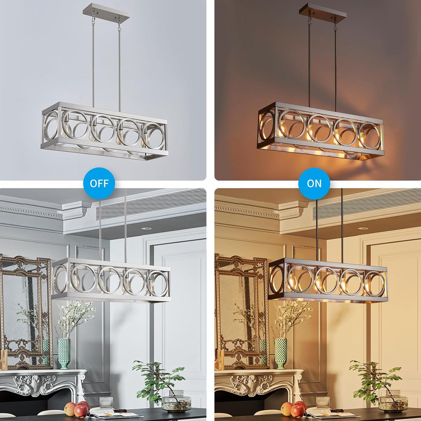 XINGQI Linear Chandelier Brushed Nickel Kitchen Island Light Fixtures 31.5" Rectangle Dining Room Chandeliers, Farmhouse Hanging Large 4-Light Rustic Metal Living Room Office Pendant Lighting