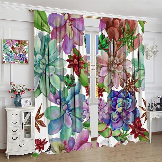 Succulents Tropical Plant Curtain Floral Boho Watercolor Summer Desert Botanical Vintage Garden for Home Kitchen Livingroom Coffee Room Window Drapes 2Panel 52" W X 84" L