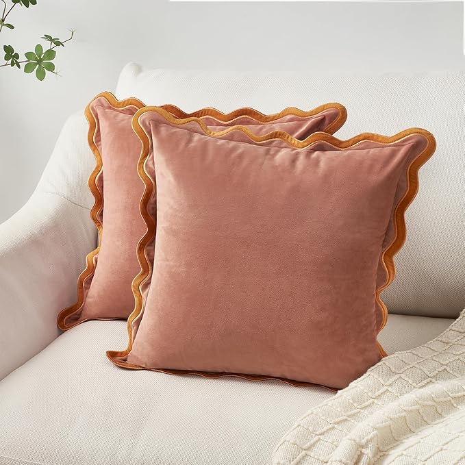 MONDAY MOOSE Decorative Throw Pillow Covers Cushion Cases, Set of 2 Soft Velvet Scalloped Wavy Edge Designs, Mix and Match for Home Decor, Pillow Inserts Not Included (16x16 inch, Pink/Honey)