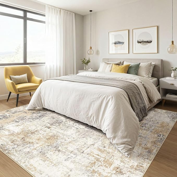 Square Rug 7x7 Living Room: Large Washable Abstract Modern Soft Area Rug Stain Resistant Indoor Floor Non-Slip Accent Carpet for Bedroom Nursery Playroom Dining Room Office Dorm Home Decor- Gray Gold