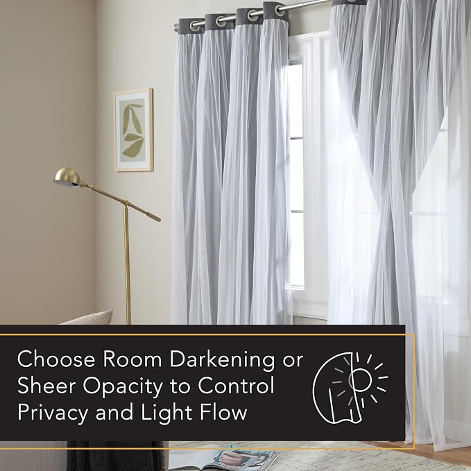TOWN & COUNTRY LUXE Talia Double Layer Indoor Curtains, Sheer and Room Darkening Blackout, Grommet Top, Energy Efficient, 2-Pack Set, 52"x96", Black Pearl