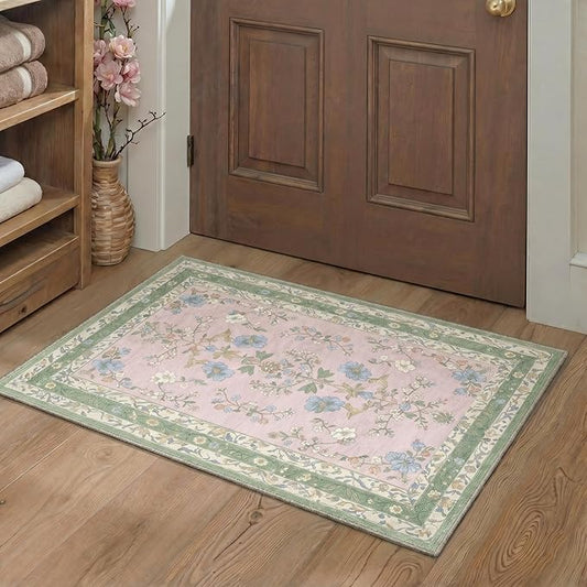 GENIMO Area Rug 2x3 Doormat, Machine Washable Low Pile Rugs, Small Retro Chenille Entryway Mat for Entrance, Hallway, Kitchen and Corridor, Light Green Pink