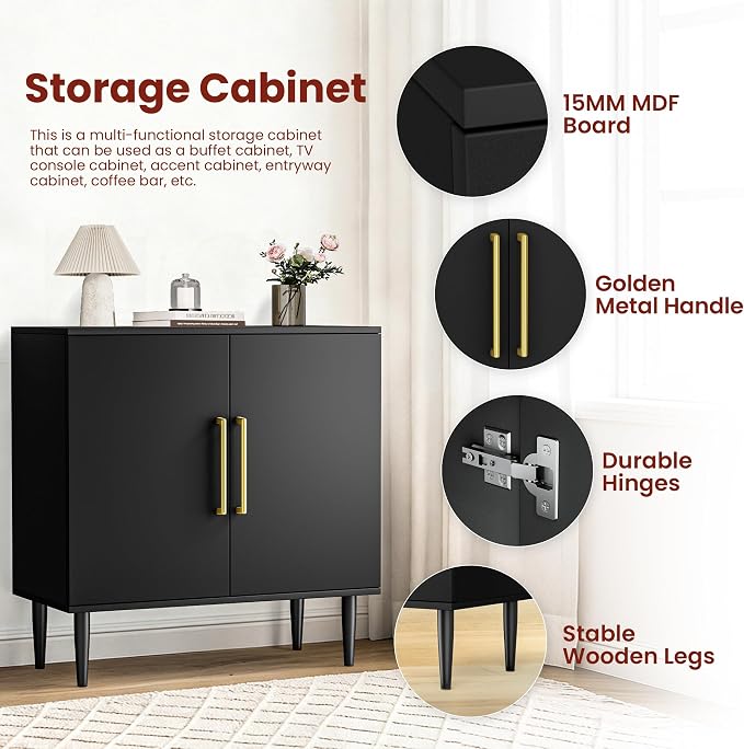 Black Buffet Cabinet, Free Standing Sideboard with Storage, Wood Accent Cabinet with Doors,Modern Credenza, Sideboard Storage Cabinet for Living Room, Dining Room(1, Black & Gold)