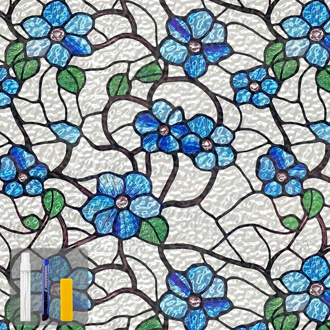 QHY Sunshine Privacy Window Film with Installation Tool Decorative Stained Glass Window Stickers Reusable Window Film (Indigo Waviness, 35.4 x 157.4)