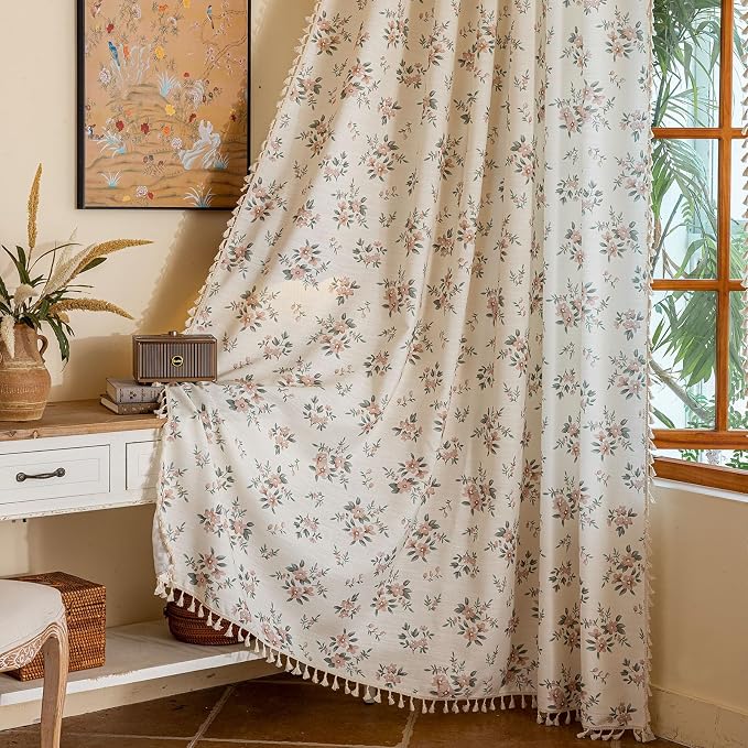 OYX Boho Floral Curtains 63 Inch, Pink Flower Farmhouse Drapes with Tassels, Linen Textured Light Filtering Semi Sheer Curtains for Living Room Bedroom, 2 Panels, Rod Pocket, 52Wx63L