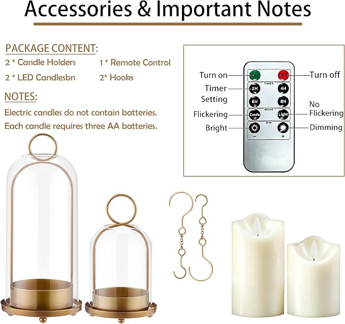Hurricane Metal & Glass Candle Holder Set of 2 with Timer Candles, Decorative Candlestick Pillar Holder with Clear Glass for Wedding Party Holiday Dining Table Centerpiece Lanter, Gold
