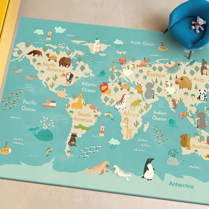 Hazo Haus Washable Large Kids Room Rug with Animal – 6x9 Educational World Map Area Rug for Bedroom – Non-Slip, Stain Resistant, Soft & Safe, Playroom Essentials - Blue Ocean