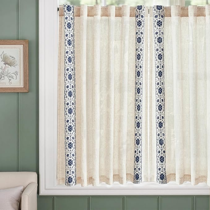 jinchan Blue Floral Embroidered Linen Kitchen Curtains 54×45 Inch 2 Panels | Light filtering, back tab, rod pocket, cafe curtains for kitchen bedroom living room, cottage farmhouse, small window