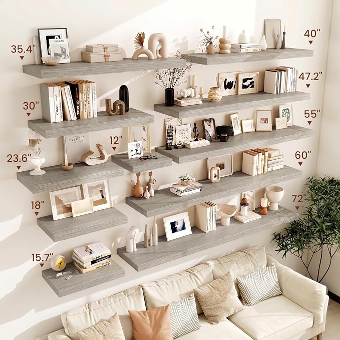 Vivelove 12 in Deep Floating Shelves for Wall, 72" x 12" x 2" Shelves for Room Wall Mounted, 2 Inch Thick Shelf for Bathroom Bedroom Kitchen Book Room, Modern Farmhouse Decor, Set of 1, Grey