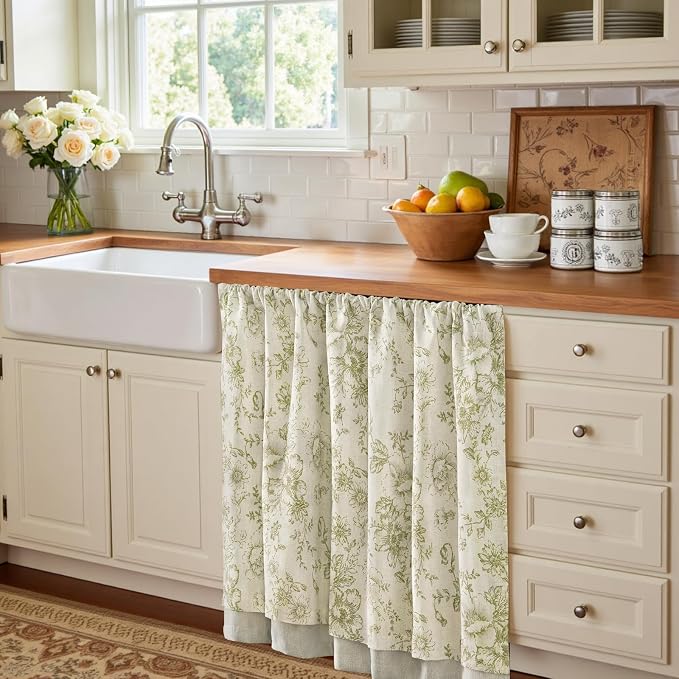 jinchan Linen Kitchen Curtain 36 Inch French Floral Double Layer Curtain Farmhouse Vintage Tier Drape Rustic Half Window Curtain for Living Room Window Treatment Rod Pocket 1 Panel Green on Beige