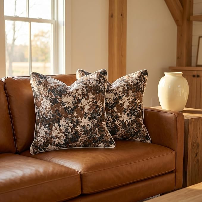 Vintage Floral Throw Pillow Covers 20x20 Inches Set of 2 Boho Farmhouse Pillow Cases Premium Chenille Textured Decorative Cushion Covers for Couch Retro Garden Farmhouse Style Brown