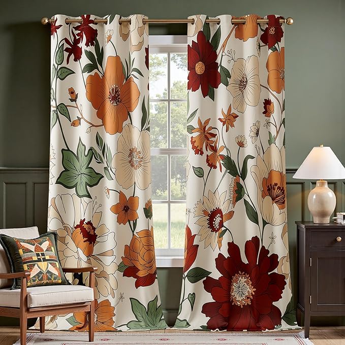 jinchan Lora Floral Curtains for Bedroom Blackout Drapes for Living Room Darkening Fabric Vintage Beige Boho Flower Pattern Fall Decor Window Curtains 108 Inches Length 2 Panels with Grommet